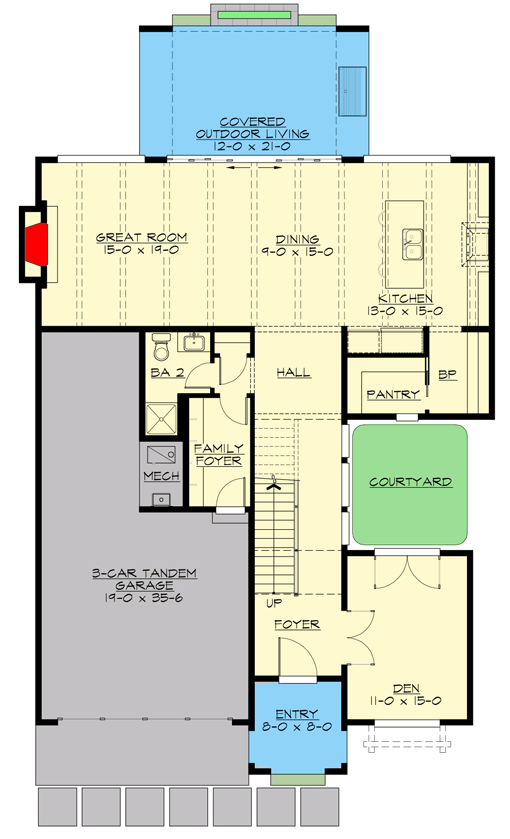 Plan 23910JD: 2-Story Home Plan with an Original Exterior and an Outdoor Living Room - Floor Plan - Main Level - Contemporary, Country, Modern, New American, Northwest, Transitional