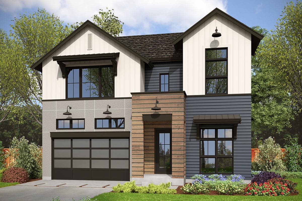 House plan exterior. Two-story Modern Farmhouse with gables, a covered entry, and a two-car garage. Features include a mix of siding and dark trim.