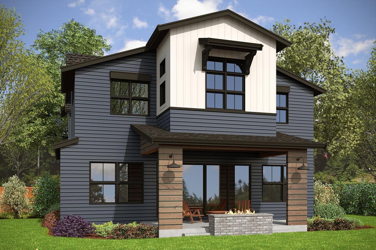 Modern Farmhouse house plan exterior, two stories, featuring a covered porch with wood accents, multiple gables, and a prominent dormer.