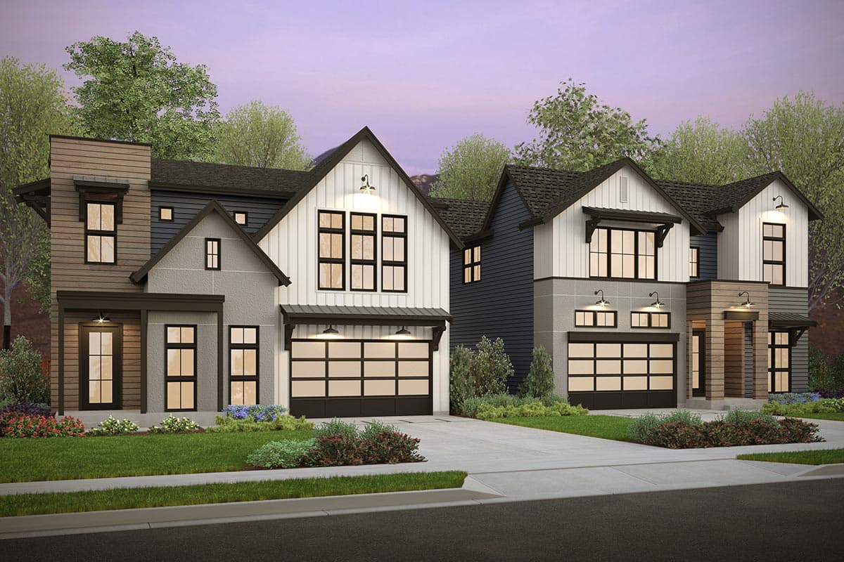 Modern farmhouse style house plan exterior with gables, multiple stories, and mixed material siding.