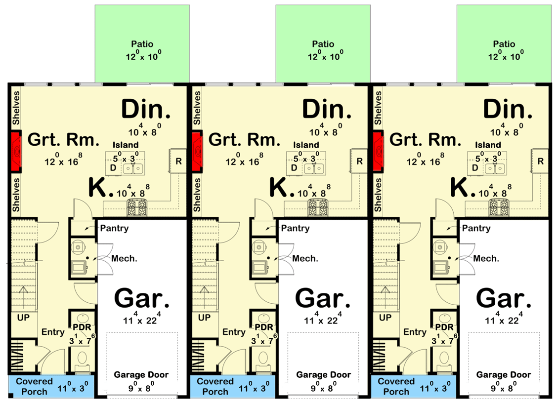 Plan 623050DJ: Triplex House Plan with Matching 3 Bed, 2.5 Bath Units - 1464 Sq Ft Each - Floor Plan - Main Level - Country, Traditional, Transitional