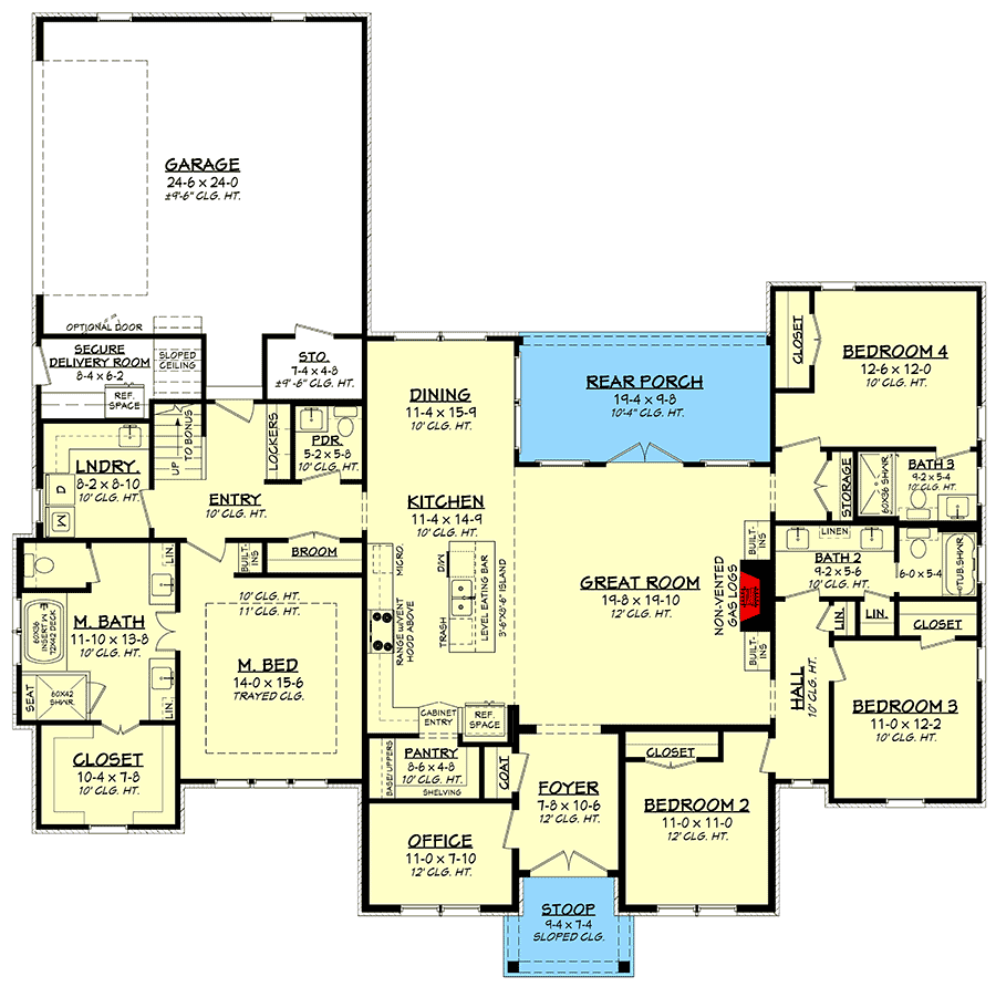 Plan 51874HZ: Contemporary Transitional House Plan with Home Office and Secure Delivery Room - 2626 Sq Ft - Floor Plan - Main Level - Cottage, European, Farmhouse, New American, Southern, Transitional