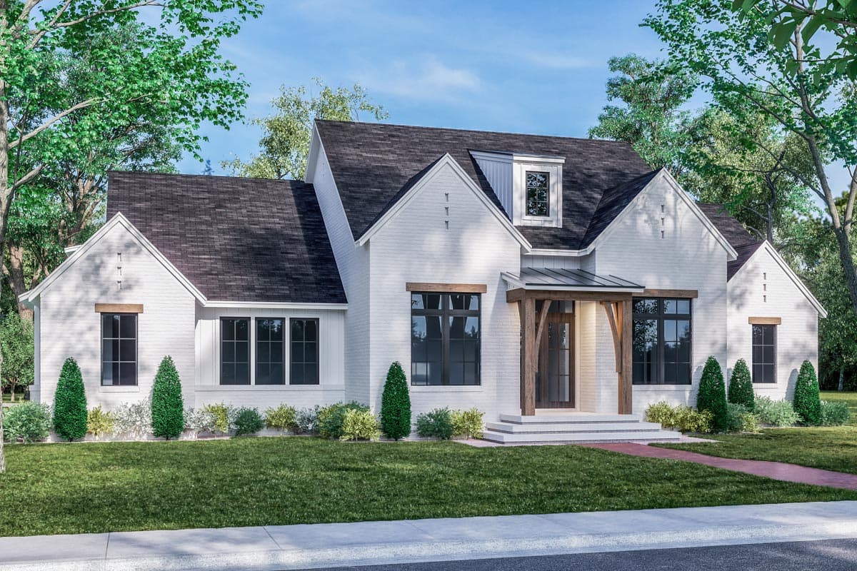 House plan exterior. Two-story Modern Farmhouse with gabled roof, dormers, and a covered front porch with exposed timber supports.