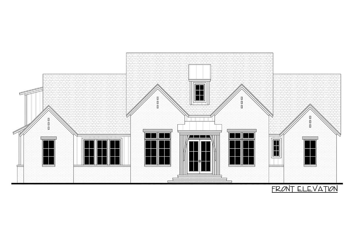 Front elevation house plan with gabled dormer, covered entry with double doors, and multiple brick gables.