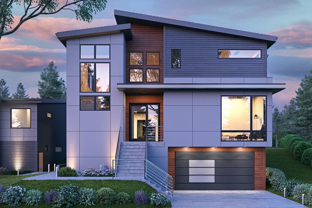 House plan exterior. Two-story modern home with asymmetrical roofline, large windows, and a detached garage. Entry features stairs.