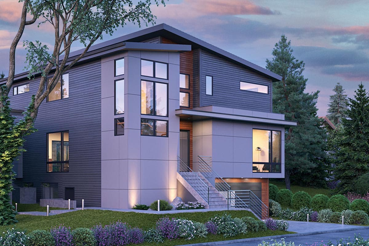 Modern house plan exterior with a two-story design, featuring vertical siding, large glass windows, and an elevated entrance with metal railings.