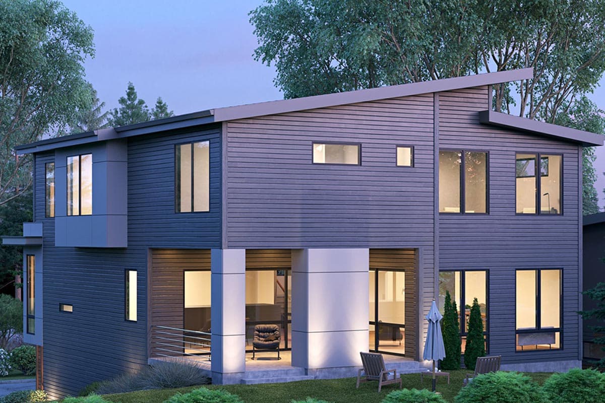 Modern two-story house plan exterior with horizontal siding, asymmetrical roofline, and large windows.