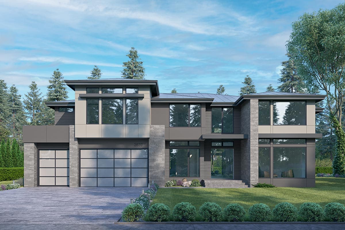 Modern house plan exterior with two stories, flat roof, attached garage, and large windows. Features brick and siding exterior.