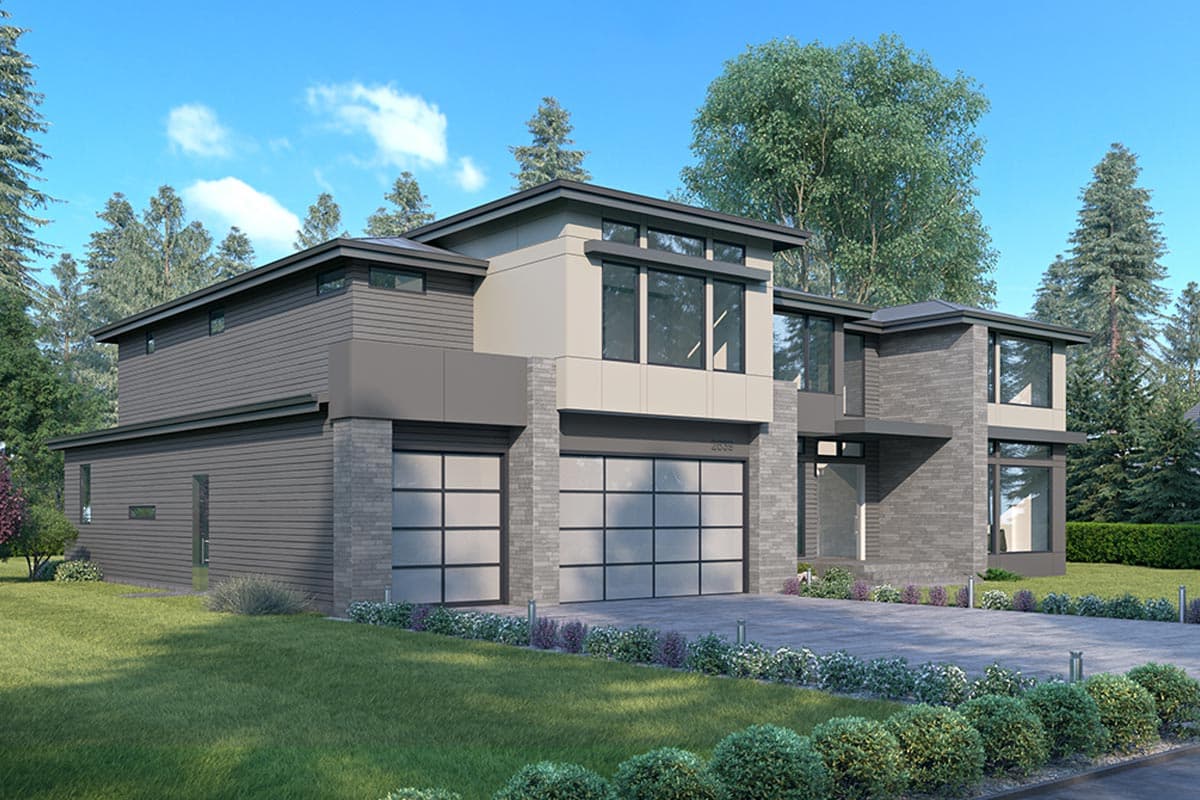 Modern house plan exterior with two stories, horizontal siding, stone accents, and two glass garage doors.
