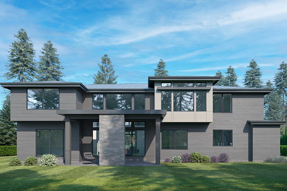 Modern two-story house plan exterior with horizontal siding, flat rooflines, large windows, and a stone-clad entryway.