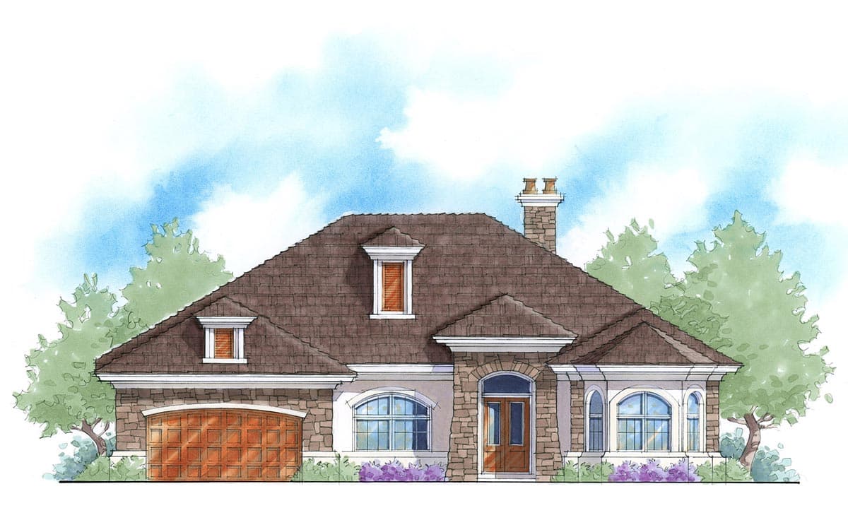 House plan exterior. Single-story home with a stone facade, arched entryway, dormers, and a prominent roofline with a chimney.