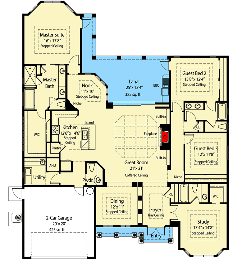 Plan 33065ZR: 3 Bedroom House Plan with 59-Foot-Wide Footprint - 2723 Sq Ft - Floor Plan - Main Level - European, Florida-Style, Mediterranean, Spanish
