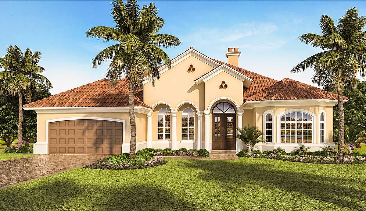 House plan exterior. One-story Mediterranean style with arched entry and windows, barrel tile roof, and attached garage.