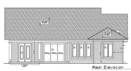 Rear elevation drawing of a house plan showing double doors, sliding glass doors, and multiple windows under a shingled roof.