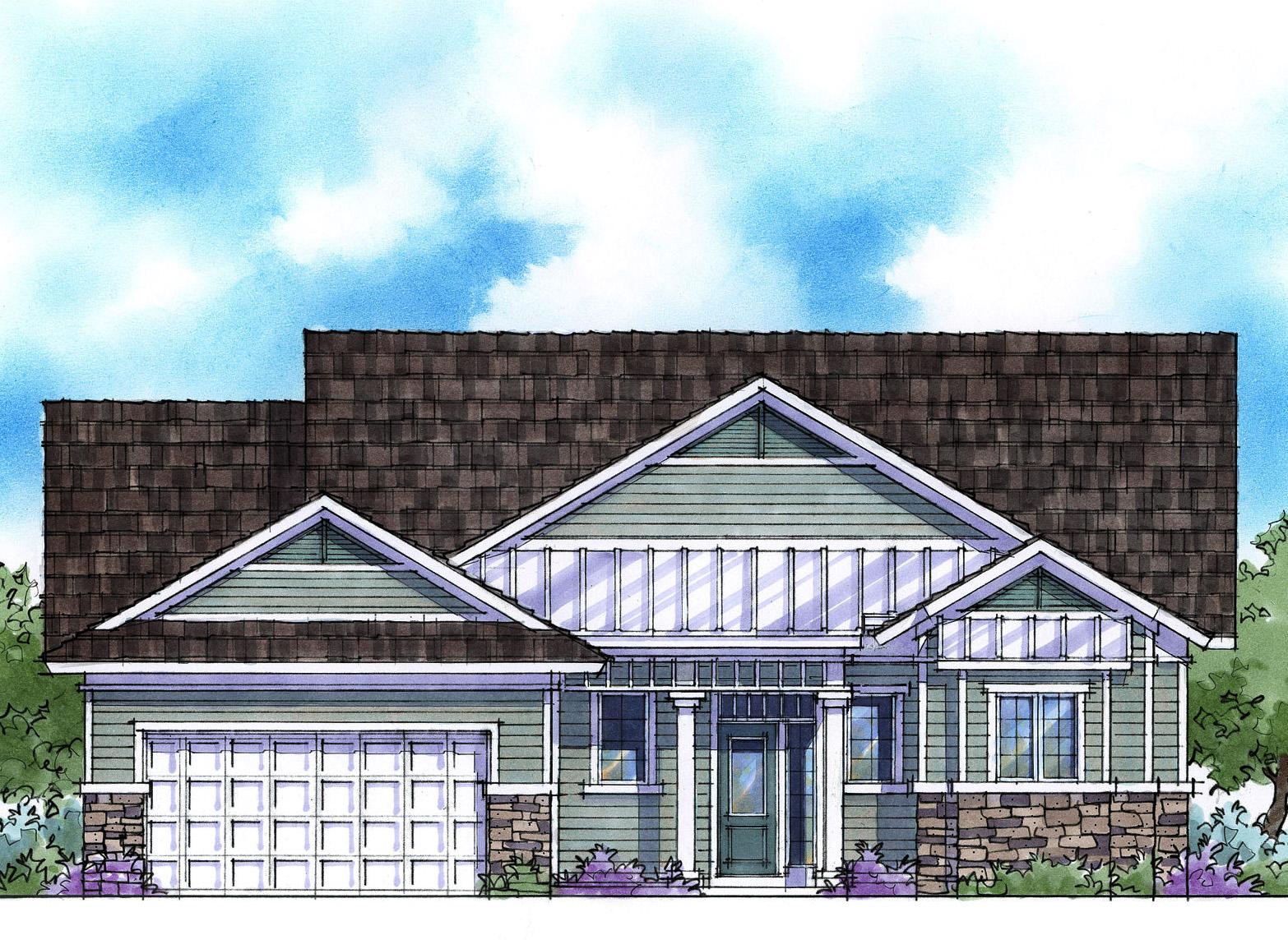 House plan exterior: One-story Modern Farmhouse with gabled dormers, stone base, and covered entry with columns.