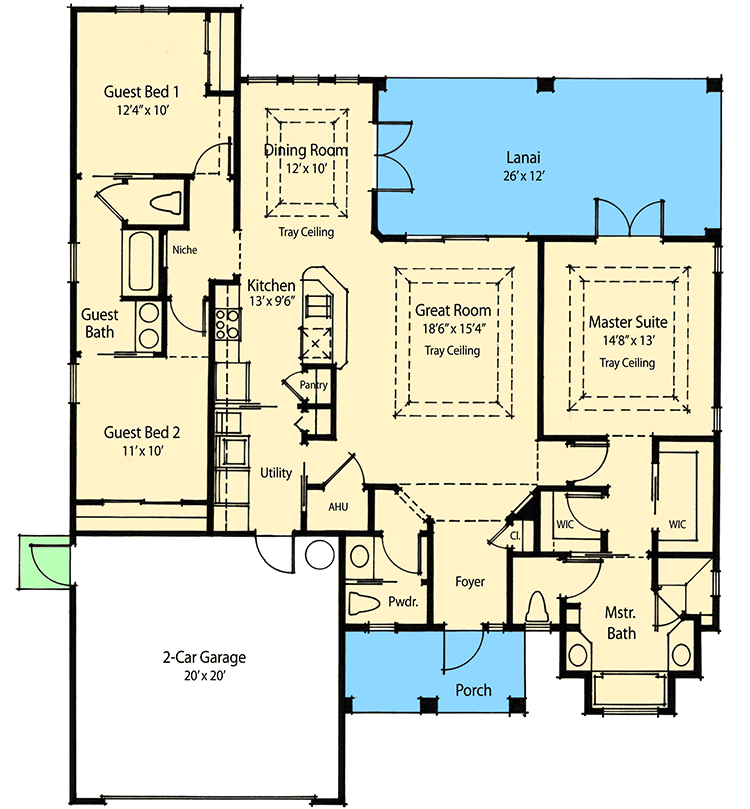 Plan 33066ZRX: 1660 Square Foot Starter House Plan or Empty-Nester - Floor Plan - Main Level - Ranch, Southern, Traditional