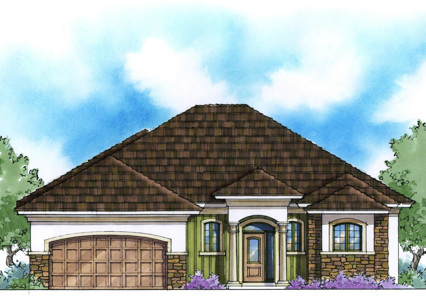 House plan exterior: one-story home with arched entryway, stone and vertical siding, and attached garage.
