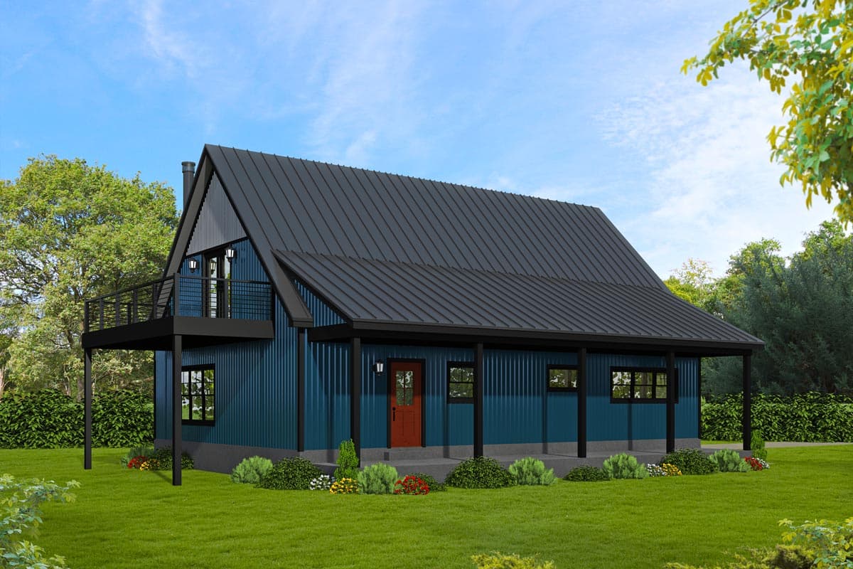 House plan exterior: A two-story Modern Farmhouse with a dark metal roof, wrap-around porch, and upper balcony.