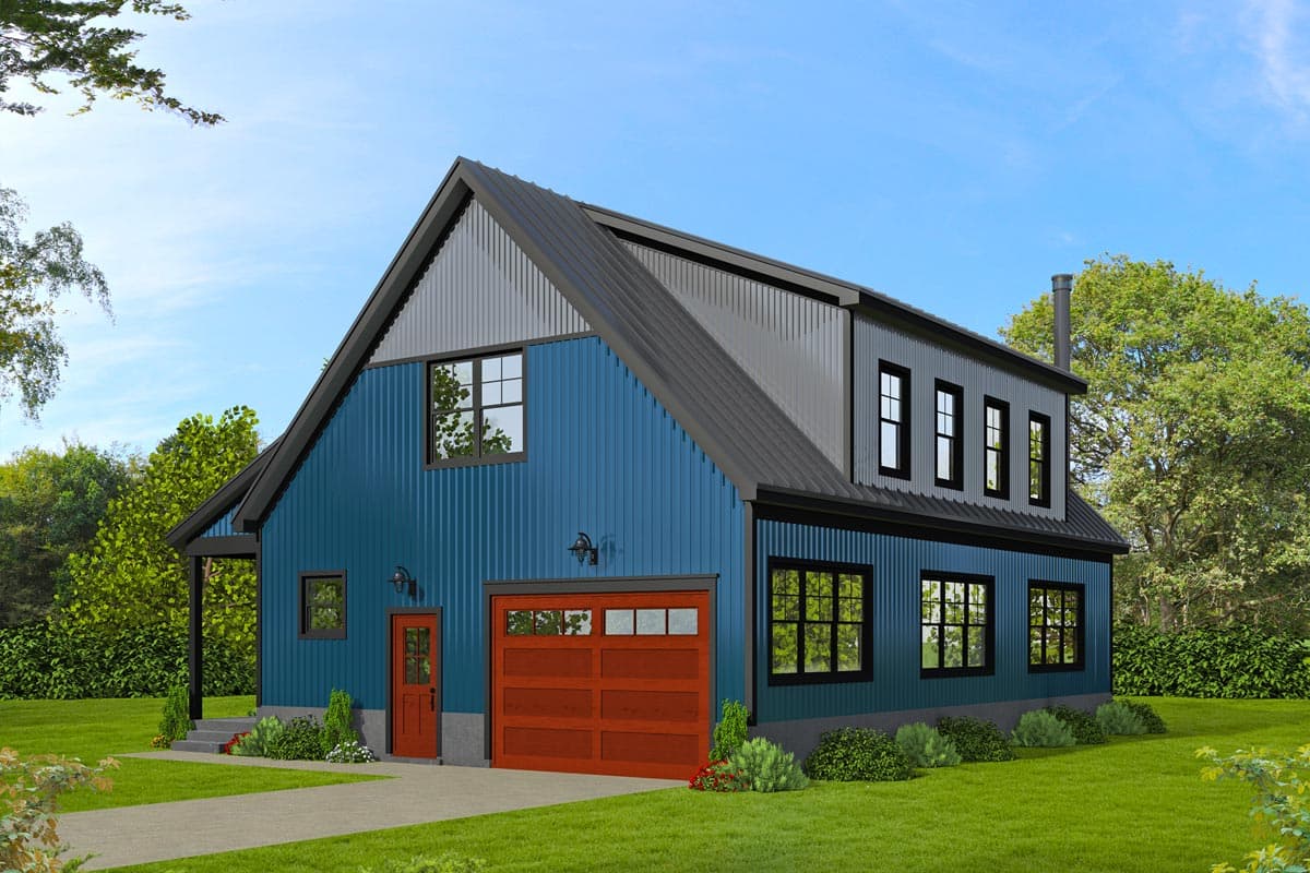 House plan exterior: Two-story modern home with blue corrugated metal siding, metal roof, prominent gable, and a red garage door.
