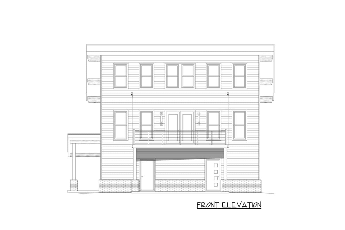 Front elevation drawing of a three-story house with multiple windows, balconies, and two front doors.