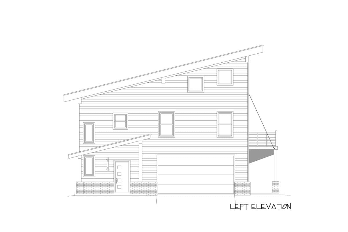 Left elevation drawing of a two-story house with a shed roof, horizontal siding, garage, and covered entry.