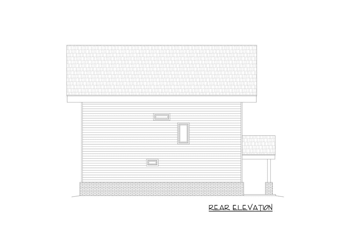 Rear elevation drawing of a house plan showing horizontal siding, two windows, and a small covered balcony.