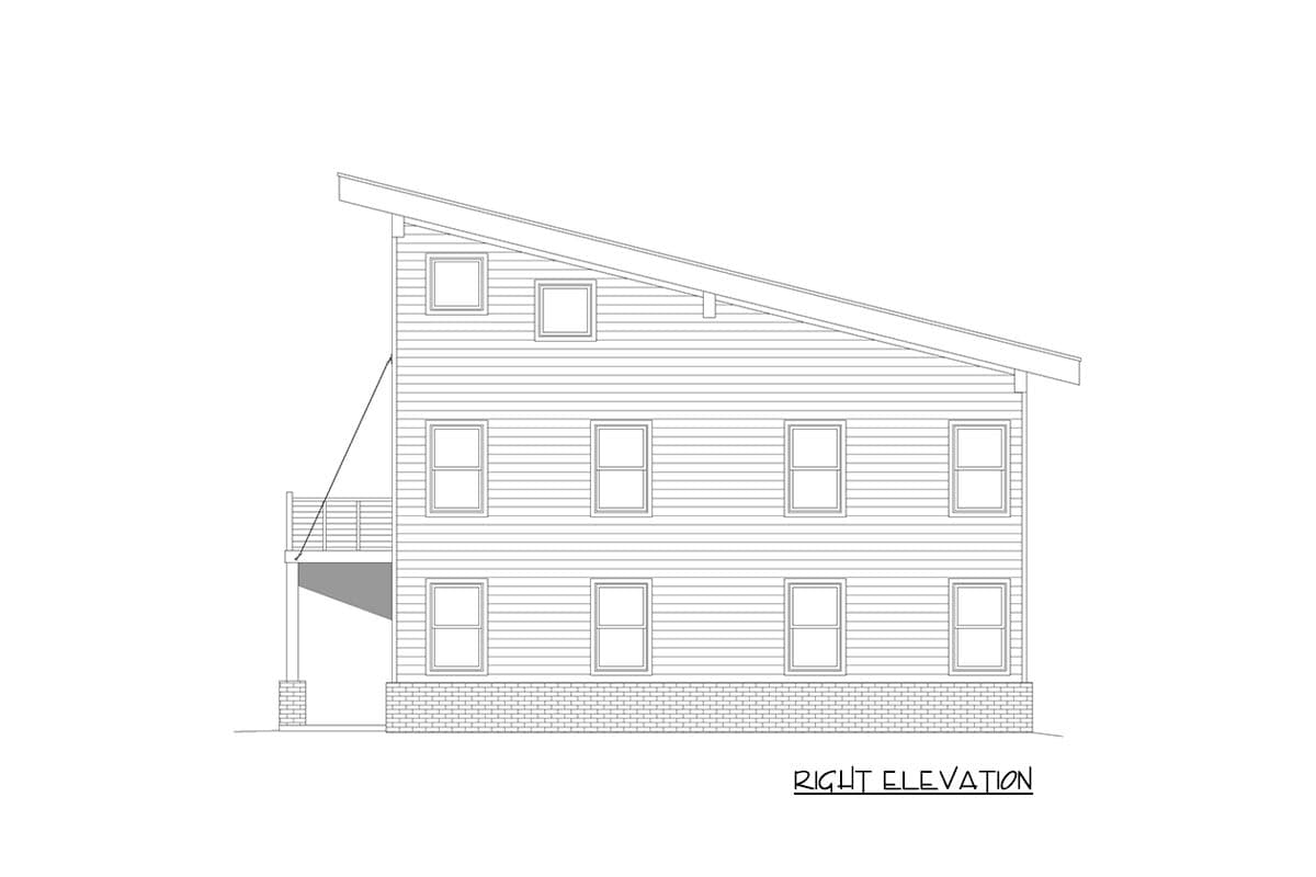 House plan right elevation drawing of a three-story house with a shed roof, horizontal siding, and a deck.