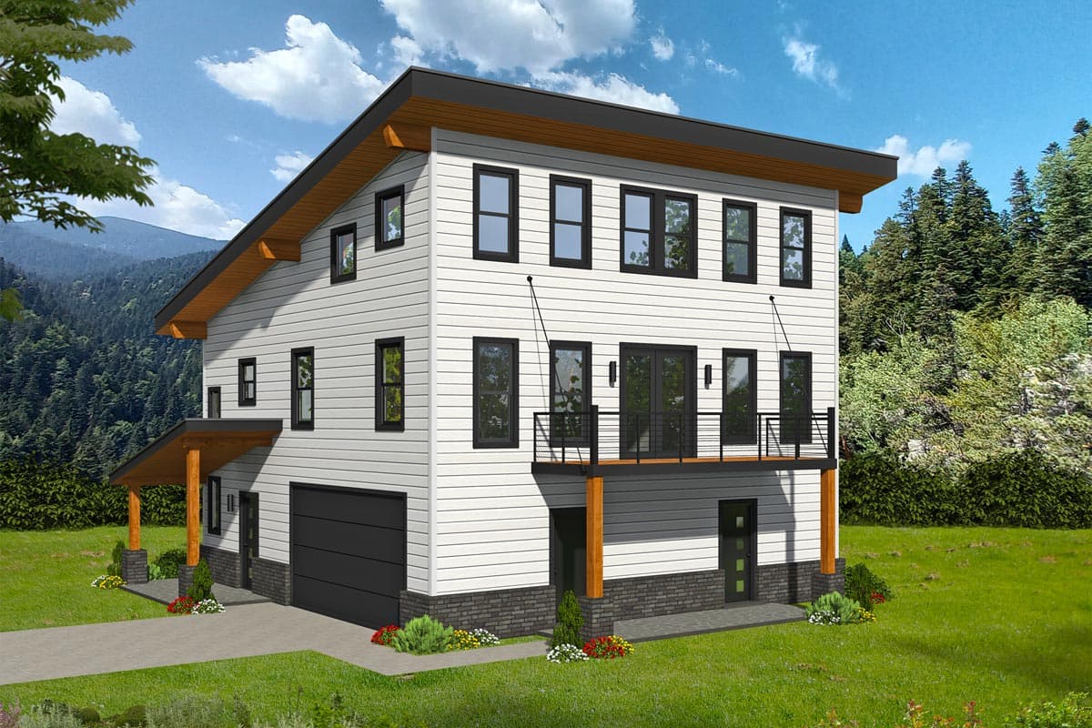 Modern house plan exterior, three stories, white siding, flat roof, balcony, and attached garage.