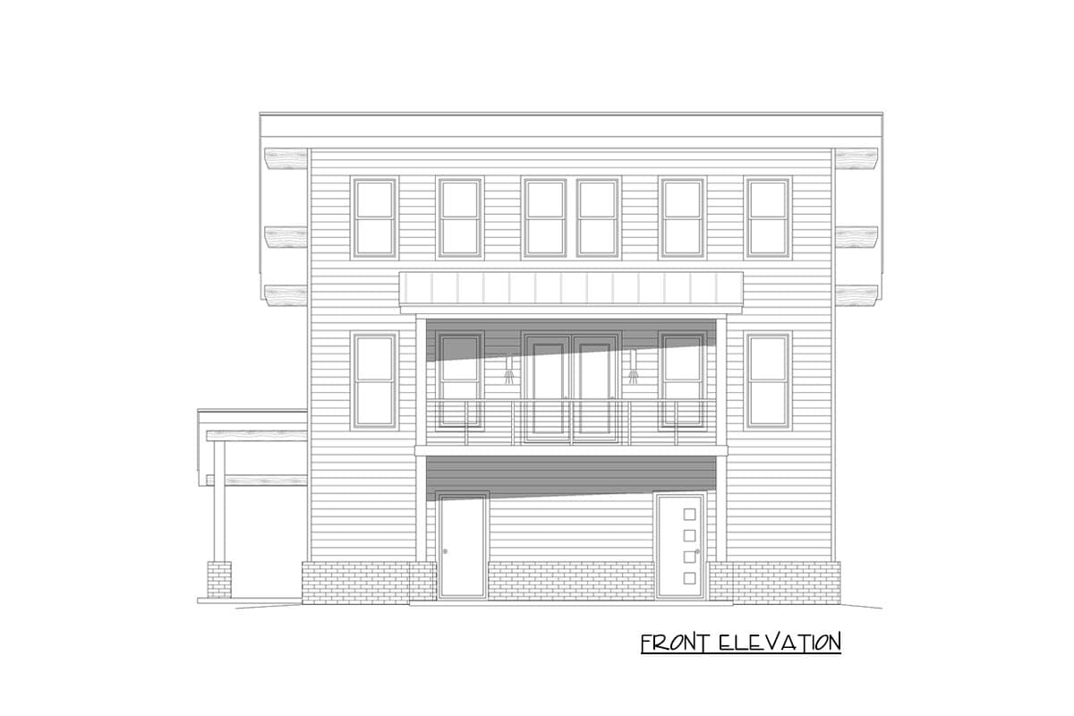 Front elevation drawing of a two-story house with horizontal siding, a second-story balcony, and a covered entry.
