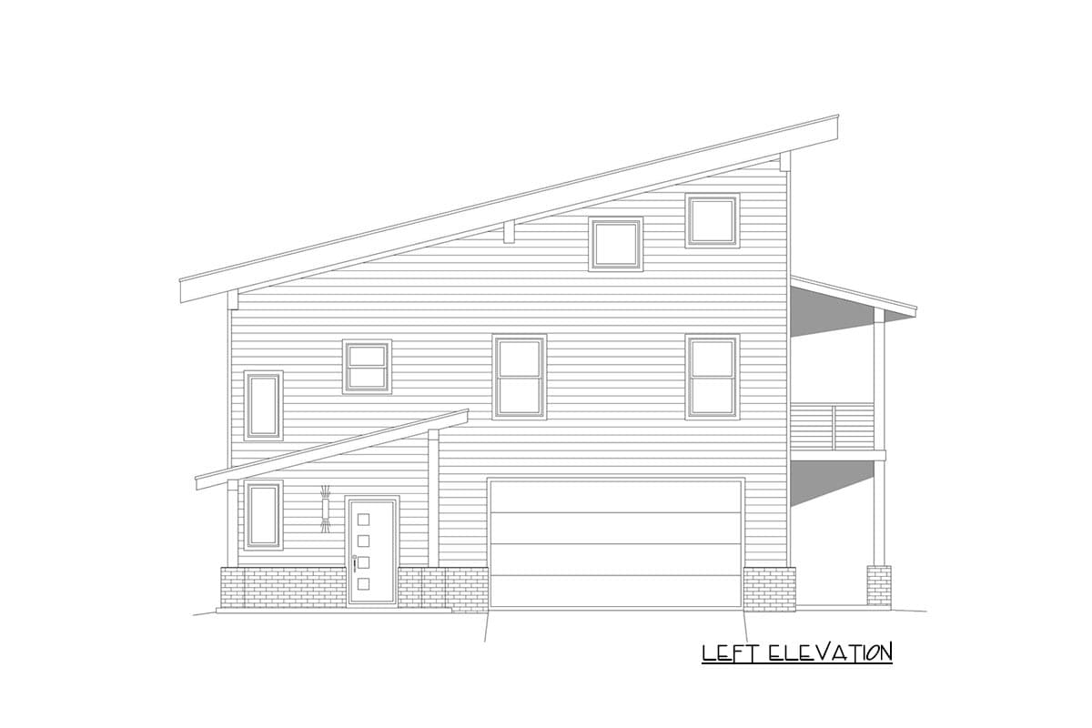 Left elevation drawing of a two-story house with a sloping roof, horizontal siding, garage, and porch.
