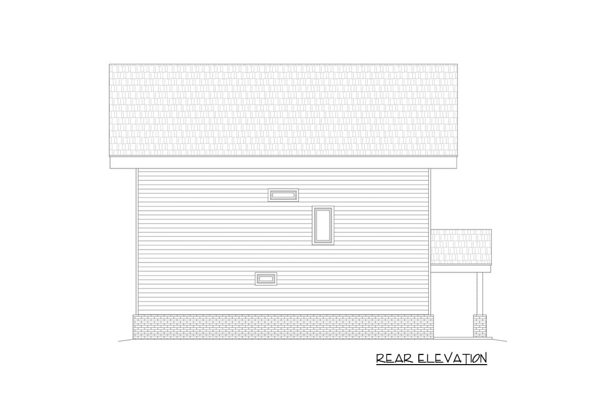 Rear elevation drawing of a house plan, showing horizontal siding, a shingled roof, and a small covered porch.