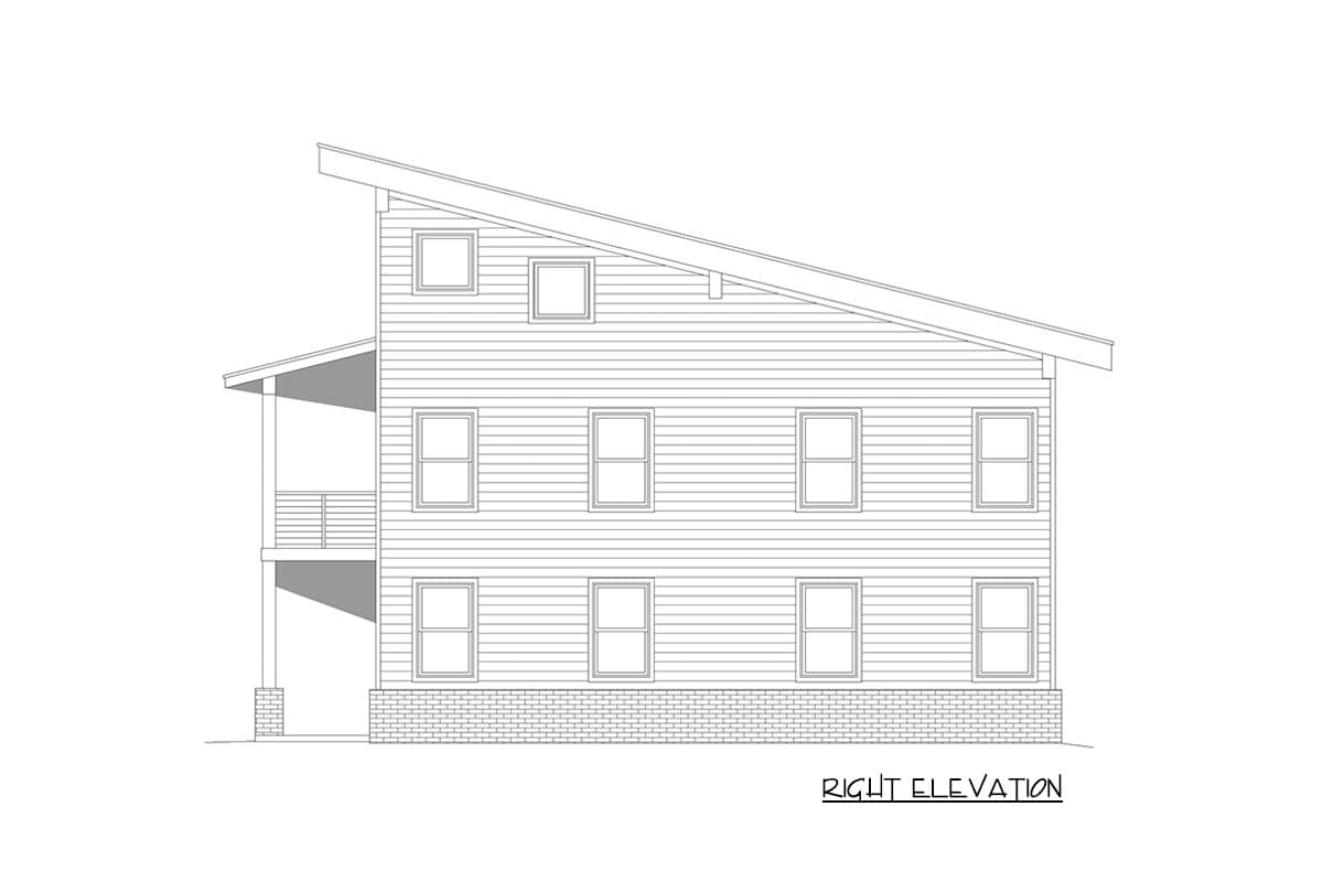 Right elevation drawing of a multi-story house with a slanted roof, horizontal siding, and a covered porch with railing.