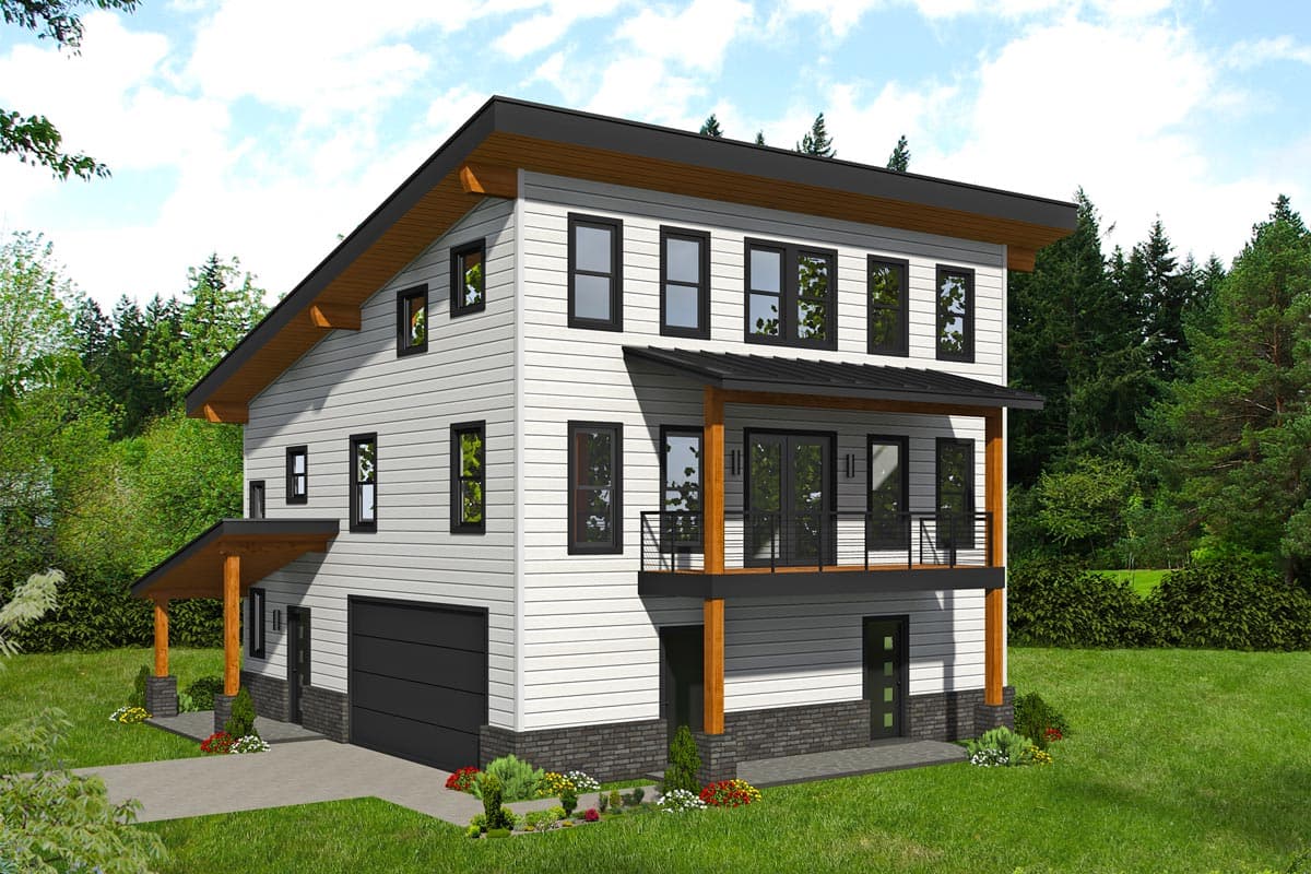 House plan exterior. Modern, three-story home with flat roof and balcony. Features include a garage, porch with wood posts, and horizontal siding.
