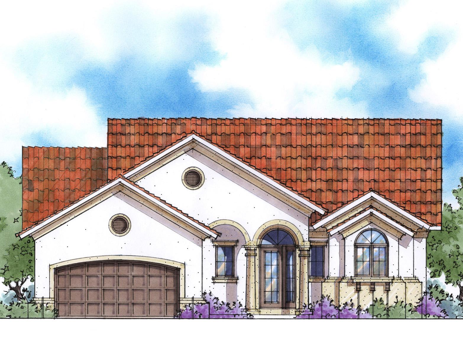 House plan exterior shows a one-story home with a tile roof, arched entryway, single garage door, and round gable vents.