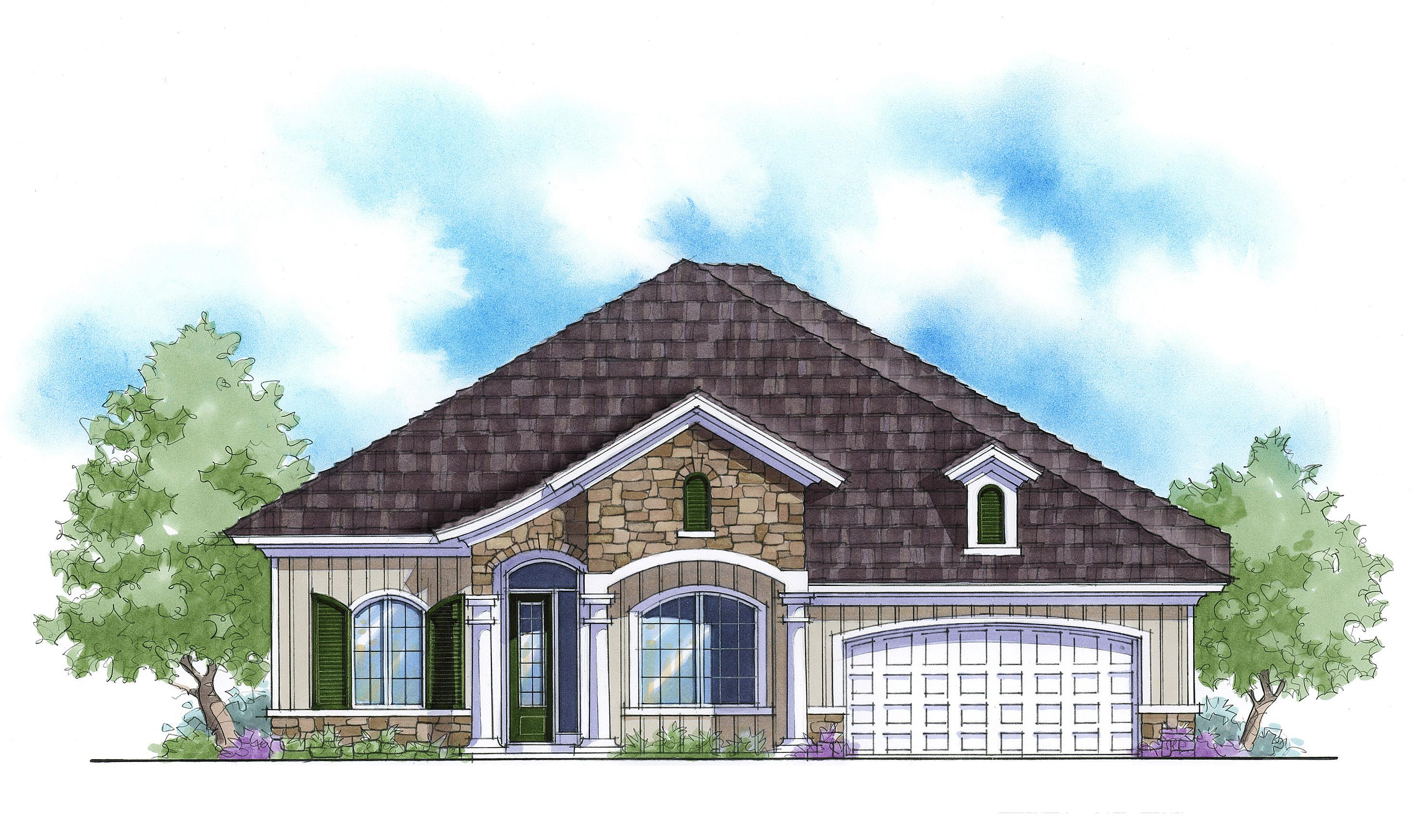 House plan exterior: One-story home with arched entry, stone accents, dormer window, and a two-car garage.