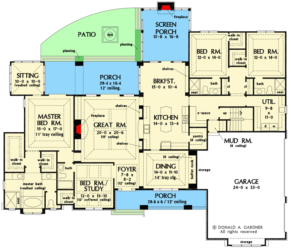 Plan 444000GDN: Craftsman Ranch Plan with Screened Porch and Deluxe Master Suite - Floor Plan - Main Level - Craftsman, New American, Ranch