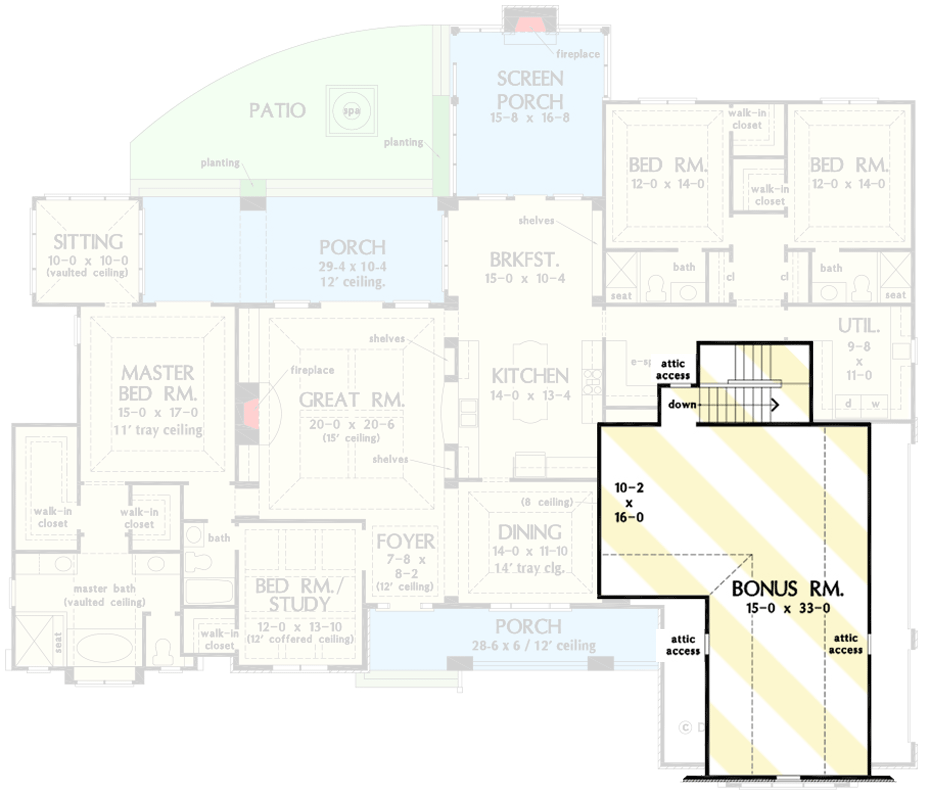 Plan 444000GDN: Craftsman Ranch Plan with Screened Porch and Deluxe Master Suite - Floor Plan - Optionally Finished Bonus Room - Craftsman, New American, Ranch