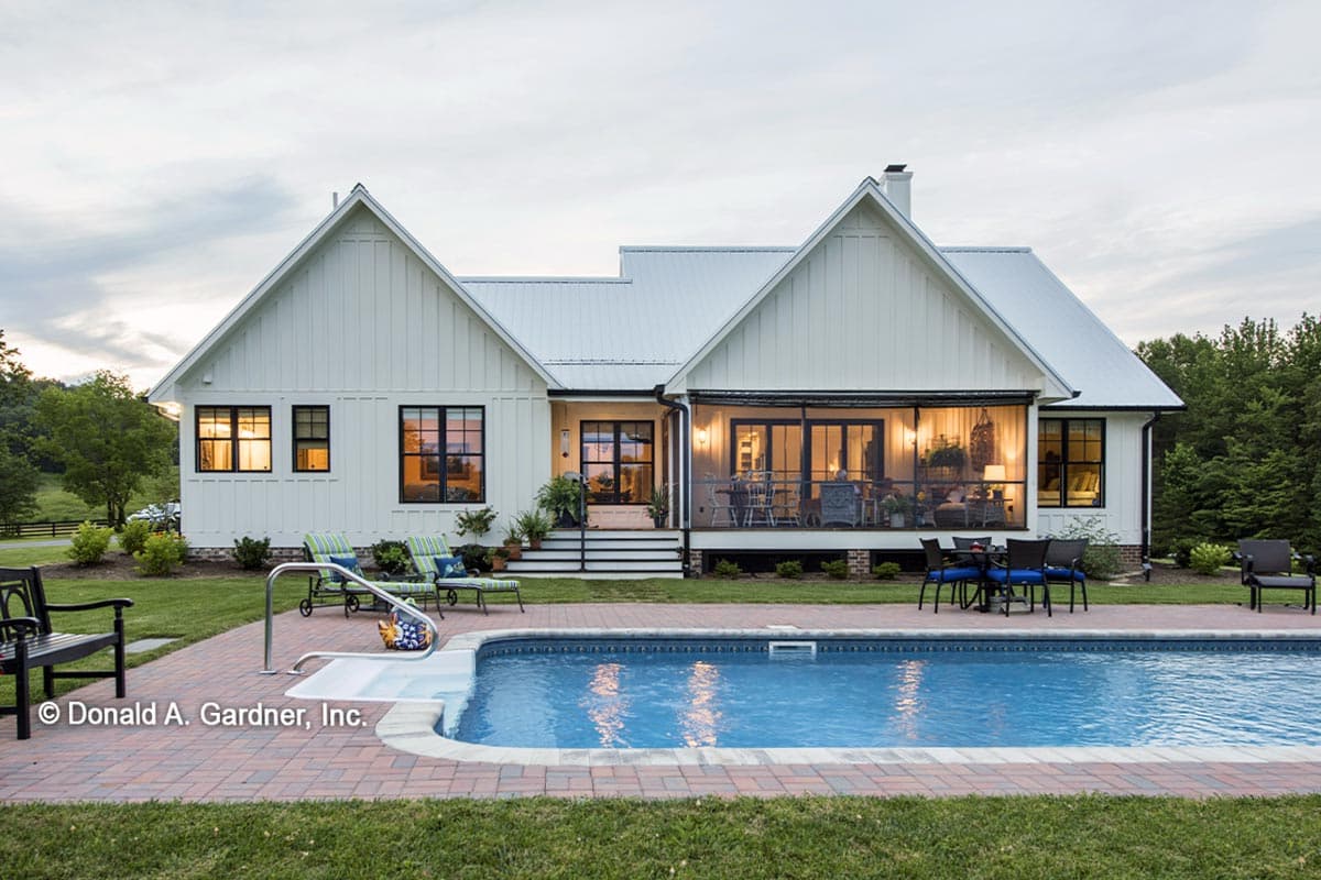 Modern Farmhouse house plan exterior with gabled roofs, metal roof, board and batten siding, and screened porch.