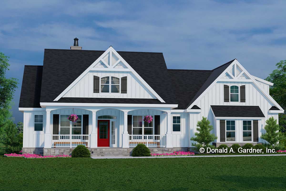 House plan exterior in Farmhouse style, one story. Features include a front porch, gables, and decorative shutters, with a red front door.