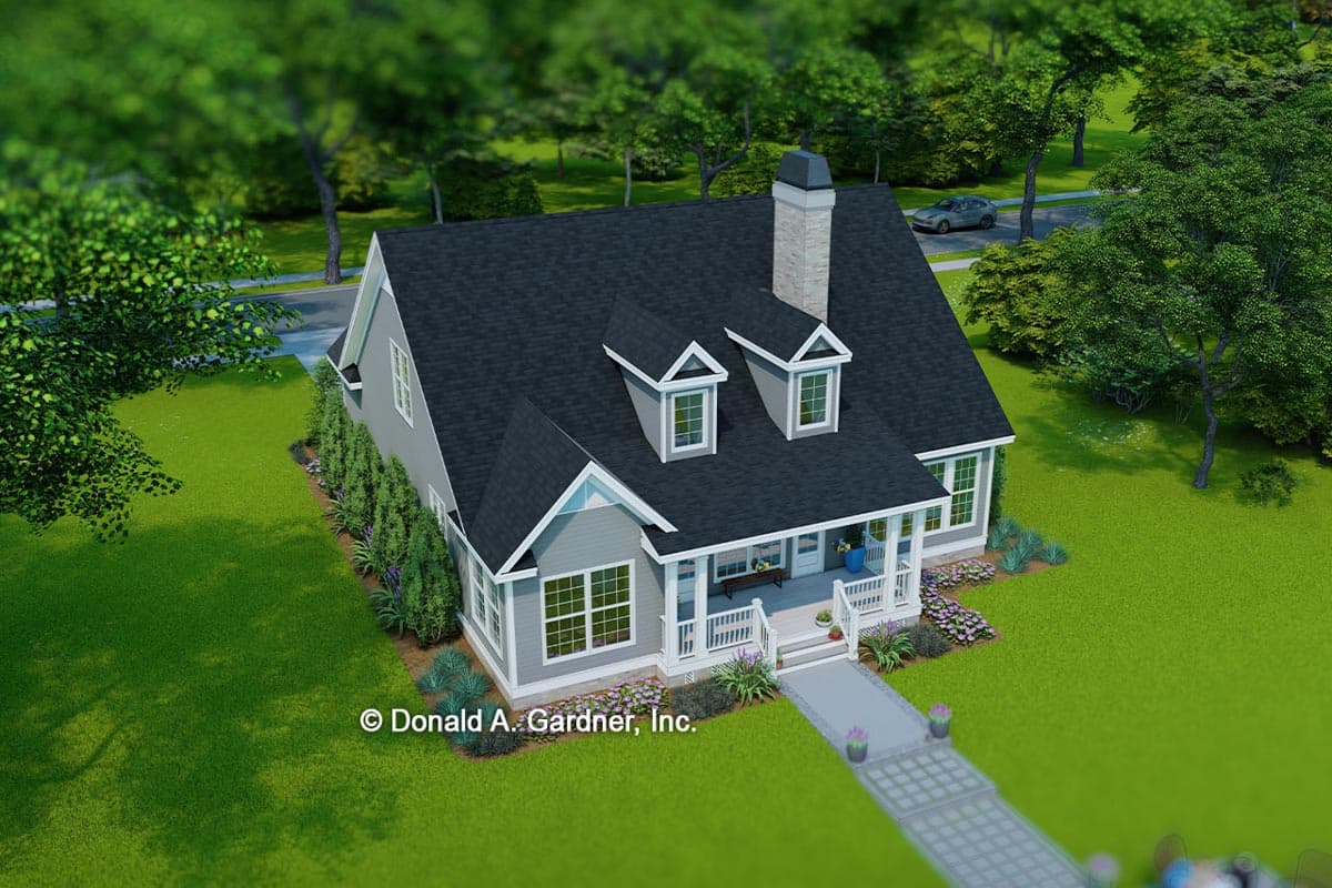 House plan exterior: two-story modern farmhouse with a covered front porch, dormers, and a prominent stone chimney.