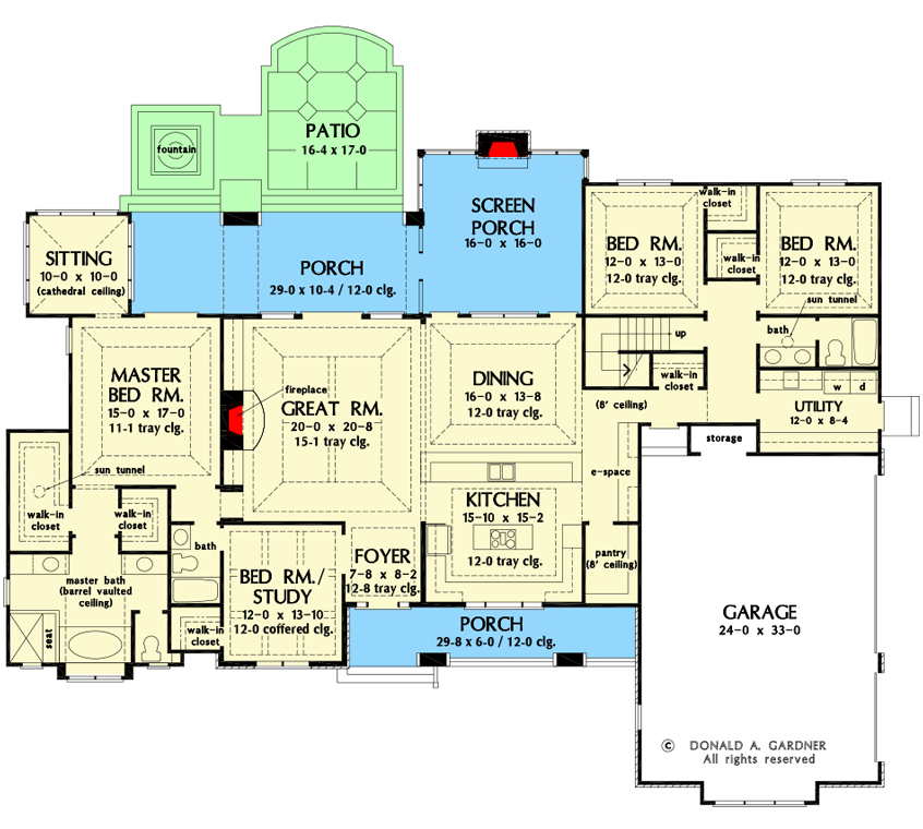 Plan 444009GDN: Single-level Country Craftsman Plan with Screened Porch and Bonus Room - 2812 Sq Ft - Floor Plan - Main Level
 - Country, Craftsman, New American, Traditional