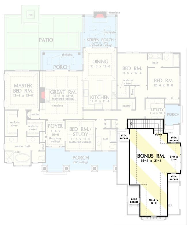 Plan 444010GDN: Traditional Craftsman Home Plan with Screened Porch and Split-bed Layout - Floor Plan - Bonus Room - Country, Craftsman, Traditional