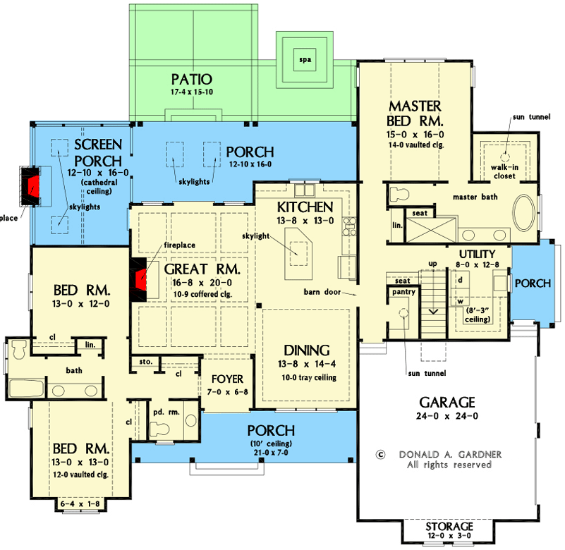 Plan 444013GDN: Modern Farmhouse Ranch Home Plan with Screened Porch and Bonus Room - Floor Plan - Main Level - Country, Craftsman, Modern Farmhouse, New American, Ranch