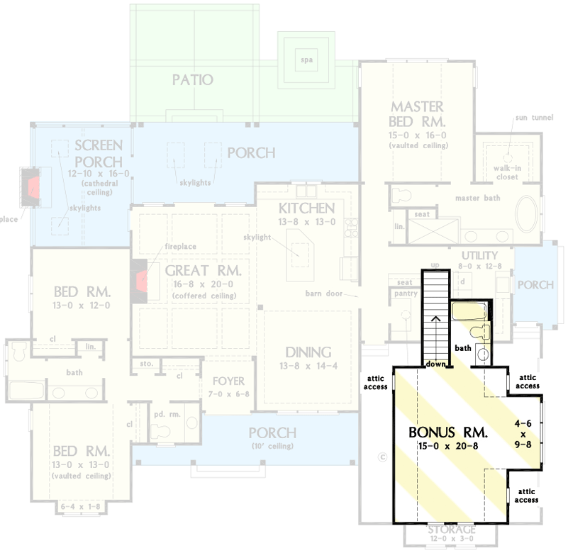 Plan 444013GDN: Modern Farmhouse Ranch Home Plan with Screened Porch and Bonus Room - Floor Plan - Bonus Room - Country, Craftsman, Modern Farmhouse, New American, Ranch