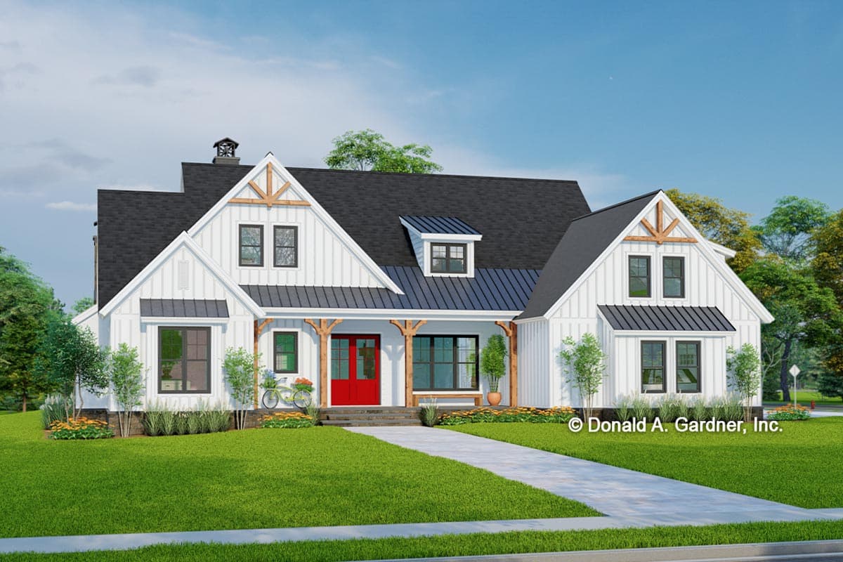 Modern Farmhouse house plan exterior with gables, dormers, board and batten siding, and a covered front porch.