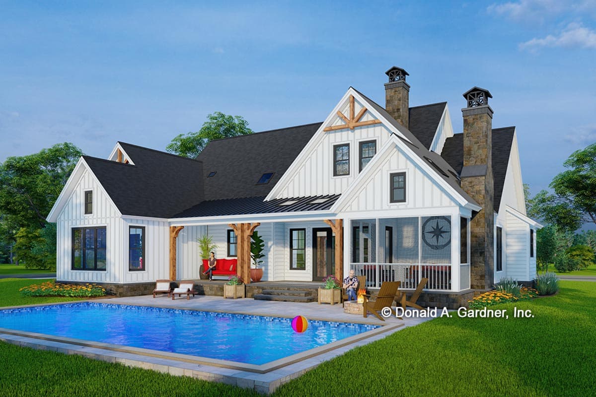 Modern Farmhouse house plan exterior with white board and batten siding, multiple gables, stone chimneys, and a covered porch.