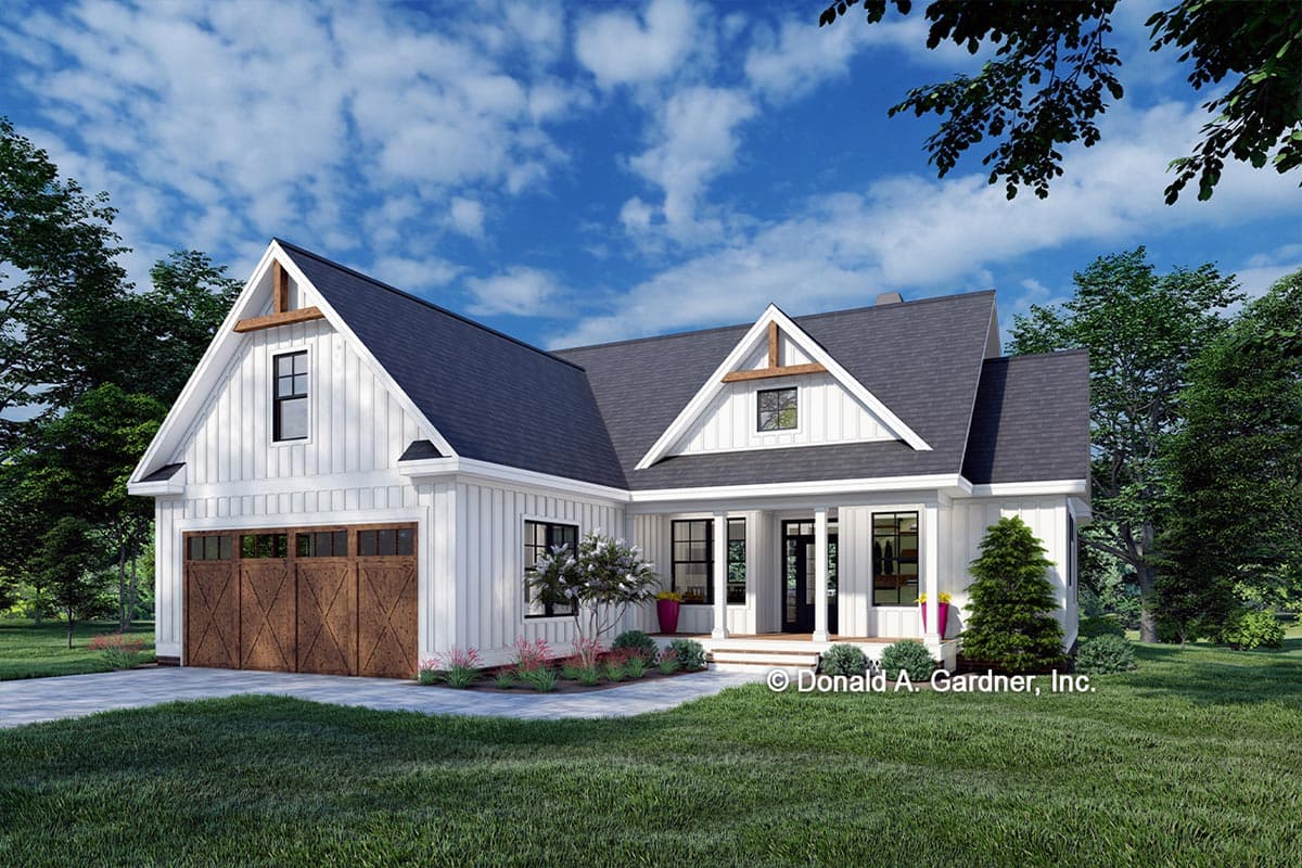 House plan exterior rendering. Modern Farmhouse style with a gable roof, covered porch, and garage with wood doors. One story house.