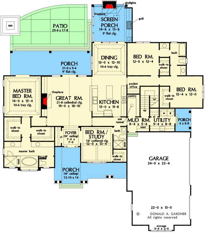 Plan 444022GDN: Modern Farmhouse Plan with Screened Porch and Bonus Room - 2494 Sq Ft - Floor Plan - Main Level - Country, Craftsman, Modern Farmhouse, New American