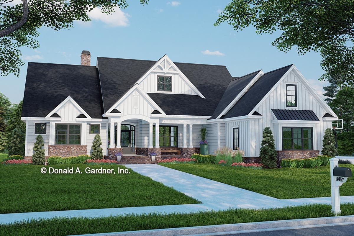 House plan exterior. Modern Farmhouse style with gabled rooflines, covered porch with columns, and board-and-batten siding.