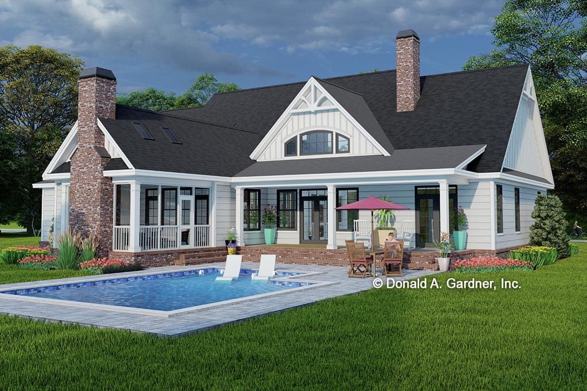 House plan exterior: Modern Farmhouse style, two stories, with a covered porch, gables, dormers, and brick chimney.